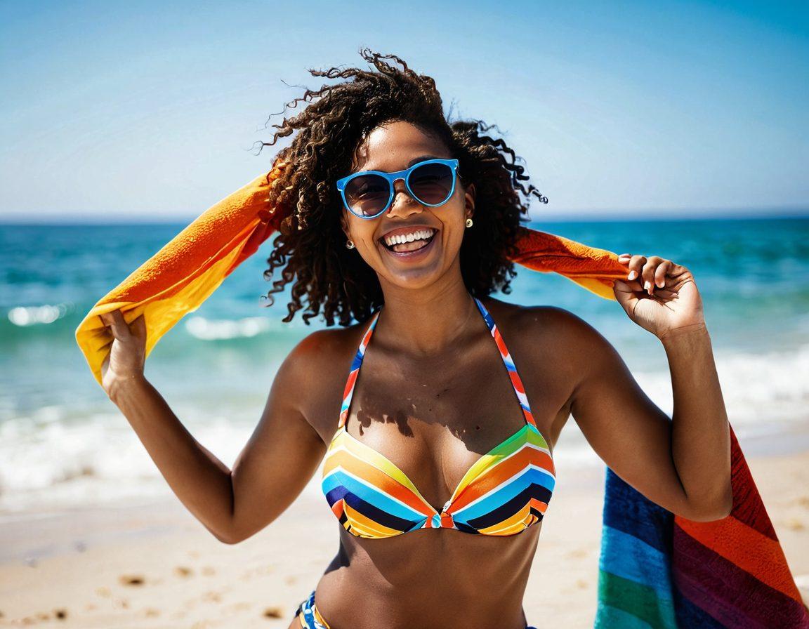 A confident woman of diverse ethnicity laughing joyfully on a sunny beach, wearing a stylish bikini that showcases the latest summer swim trends. Surround her with vibrant beach accessories like colorful towels and sunglasses, while the ocean waves create a lively backdrop. Emphasize body positivity and summer vibes with soft sunlight casting warm highlights. super-realistic. vibrant colors. summer theme.